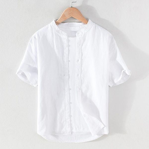 

men's casual shirts 2021 cotton and linen shirt short sleeve solid color loose autumn summer male, White;black