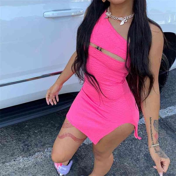 

ladies oblique shoulder mini dress summer sleeveless hollow out side split pink skinny bandage vestidos fashion streetwear 210517, Black;gray