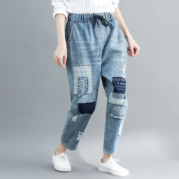 

women's jeans art style patchwork casual loose vintage women hole design elastic waist denim ladies harem pants plus size, Blue