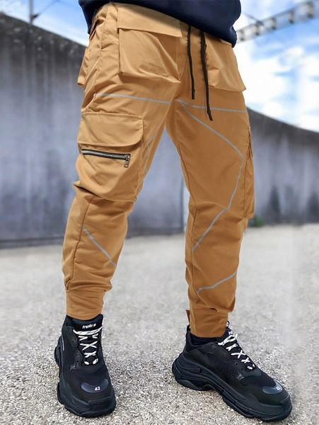 

men reflective binding zip pocket cargo pants f993#, Black