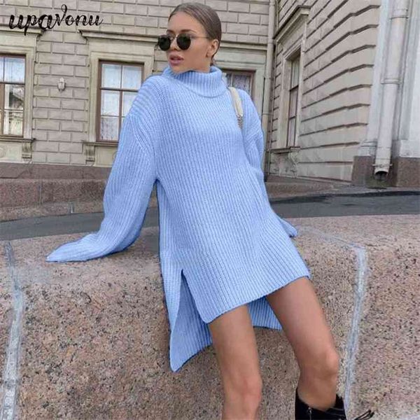 

high neck long sleeve loose sweater dress women fall casual solid color christmas party knitted 210524, White