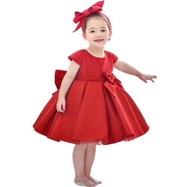 

girl's dresses 2021 baby girl party dress red big bow open back satin silk infant toddler born 12 months anniversary outfit, Red;yellow