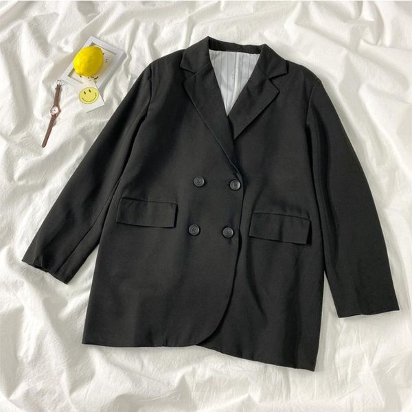 

women's suits & blazers ftlzz spring autumn women casual notched double-breasted solid black office lady loose long sleeve fashion coat, White;black