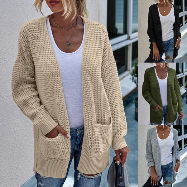 

women's knits & tees women cardigan autumn and winter casual long sleeve waffle knit open front coat pockets sweater windbreaker jacket, White