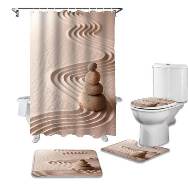 

zen garden stones sand shower curtain set carpet cover toilet bath mat home decor bathroom curtains