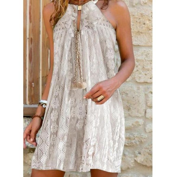 

casual dresses lugentolo dress women summer fashion lace stitching halter neck round drop shoulder mini, Black;gray