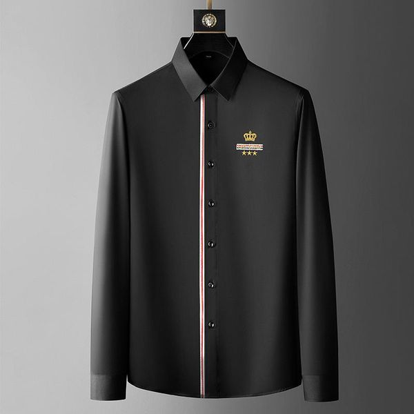 

men's casual shirts crown embroidery shirt striped long sleeve slim male business formal dress social party tuxedo blouse, White;black