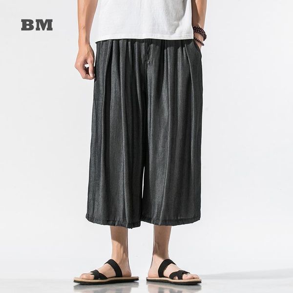 

men's pants summer thin cropped trousers chinese style ice silk casual wide-leg 2021 harajuku oversized straight men clothing, Black