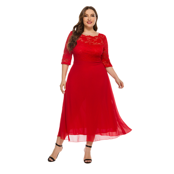

Plus Size Dresses Evening Elegant Red Lace Chiffon Patchwork Dress Vestidos De Mujer 5XL Outfit, Black