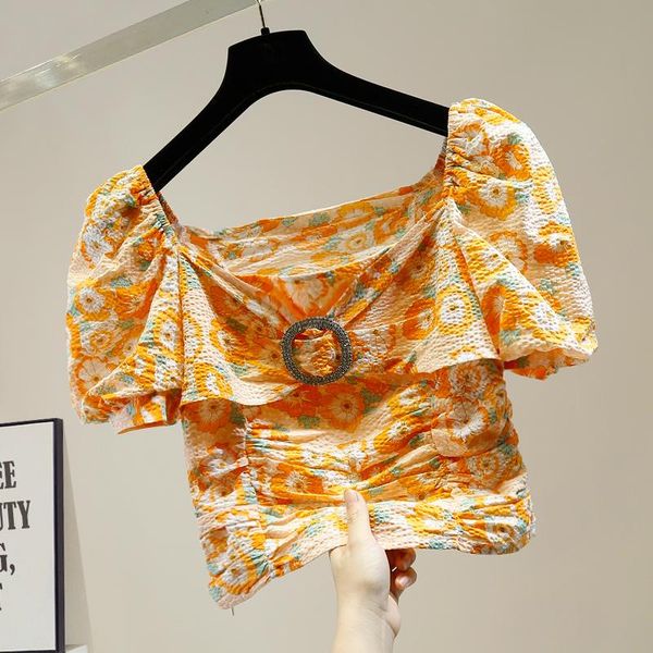 

women's blouses & shirts floral crop woman vintage lantern sleeve diamond square collar off-shoulder pleated short blouse ladies bl, White