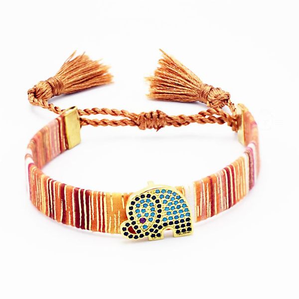 

tennis charm elephant blue zircon bracelet bohemian colorful tassel bracelets for women cotton thread wrap bangles, Golden;silver