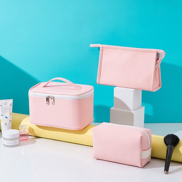 

makeup bag portable travel cosmetic for women zipper organizer with inner pouch pu leather washable bags & cases