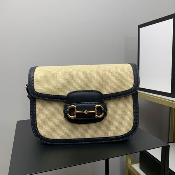 

horsebit detail at the front 1955 shoulder bag mini petite versions of crossbody handbag beige canvas with a vintage effect trimmed