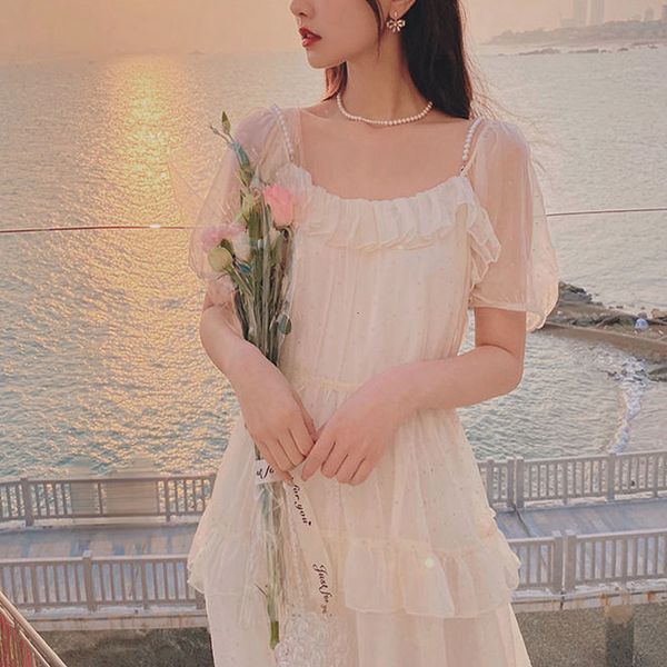 

dresses elegant midi women short sleeve casual beach one piece korean fairy vintage party strap dress female 2021 summer, Black;gray