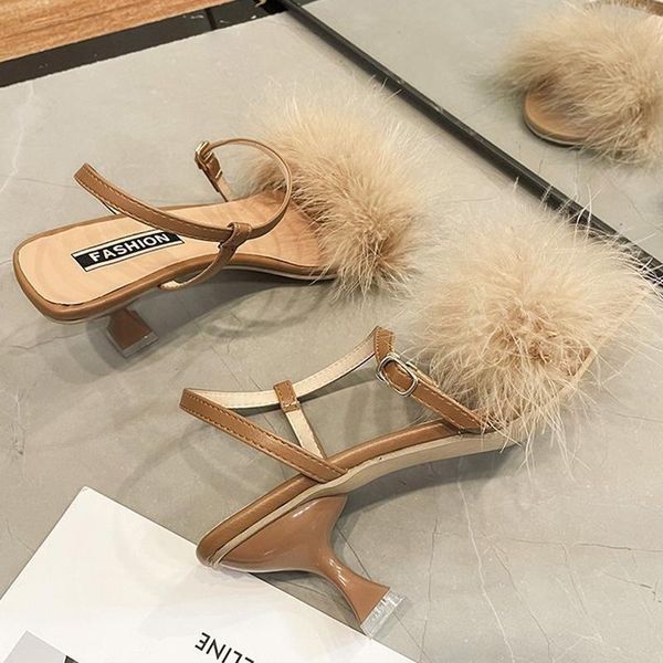 

black women sandals open toe furry fur summer high-heeled ladies shoes dress