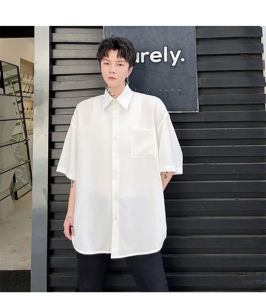 

men's casual shirts summer solid color design shirt short sleeve loose style personalized back stitching fake two-and-a-half, White;black