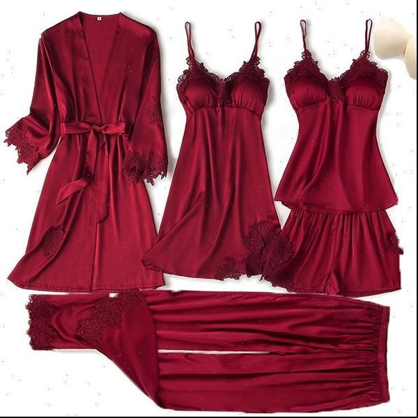 

5pcs pajama set lace trim women sleepwear satin pyjamas summer bridal wedding nightwear casual home wear kimono bath gown, Black;red