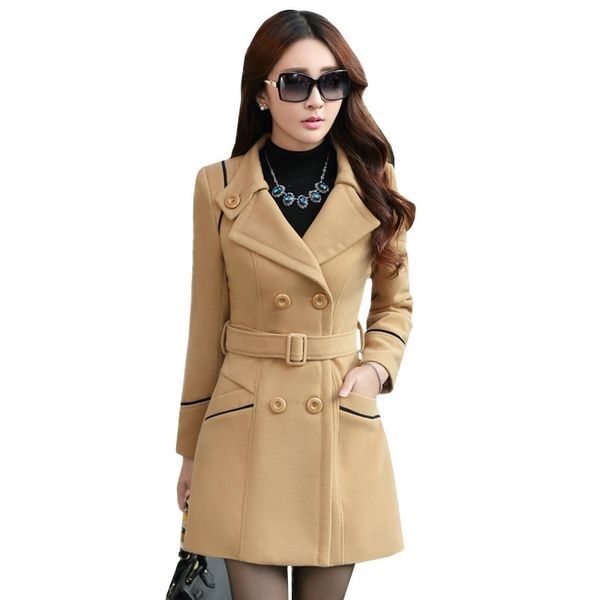 

women plus size woolen coat autumn slim long sleeved single breasted medium belt coats korean casaco feminino 210602, Black