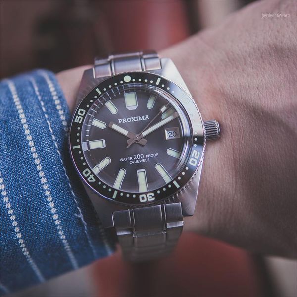 

proxima 62mas men's diver watch stainless steel nh35 automatic mechanical wrist watches mens 200m water resistance luminous wristwatche, Slivery;brown