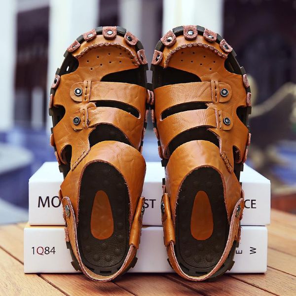

sandals man 2021 summer for men handmade genuine leather roman shoes 39 hollow lightweight breathable casual beach rubber online, Black