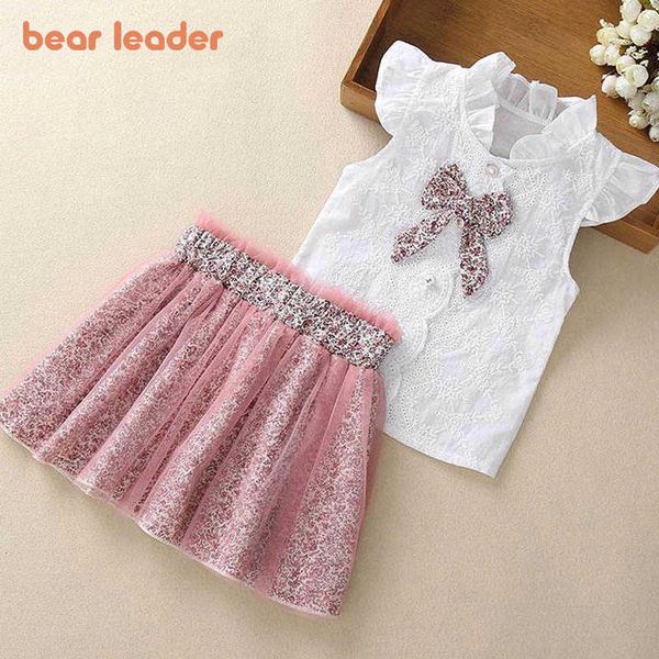 Bear Leader Set di abbigliamento per ragazze Nuova T-shirt senza maniche estiva + Gonna con fiocco stampa 2 pezzi per set di abbigliamento per bambini Abiti per bambini X0902