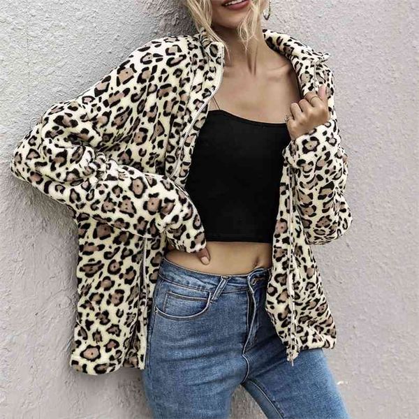 

high street woman warm jacket autumn winter fashion thick women's leopard jackets fleece fur plush coats 210508, White;black