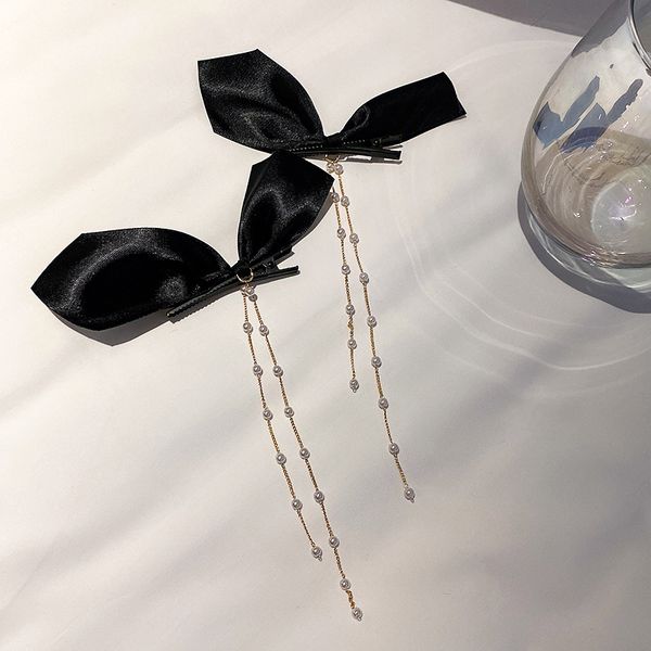 

fashion pearl tassels hair clip black bow duck bill clips barrettes for cute women, Golden;silver