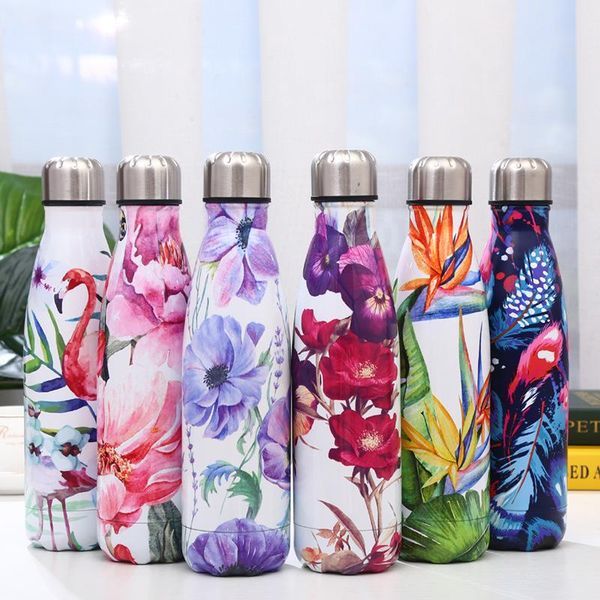 

water bottle 500ml sport stainless steel keep cold drinking for camping travel hiking bike flower drinkware
