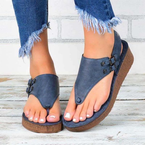 

summer fashion side buckle strap flip-flop hollow thick bottom flat sandals large size clip toe female 43 yards, Black