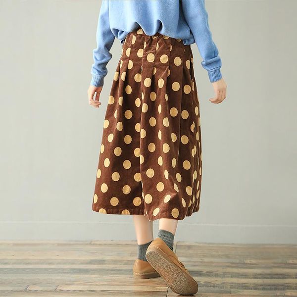 

skirts vintage romantic polka dot corduroy a-line skirt saia mori girl 2021, Black