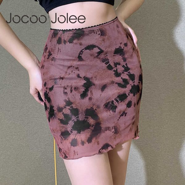 

jocoo jolee women summer tie dye y2k ruffle mesh gauze high waist printing mini skirt elegant straight party club 210619, Black
