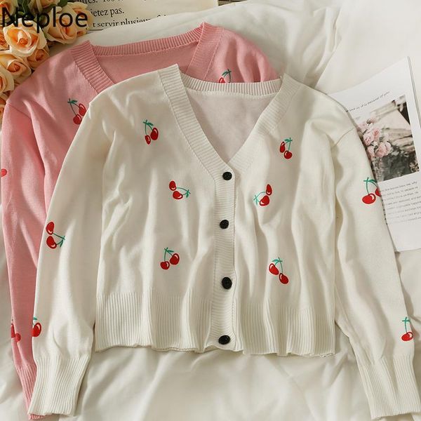 

women's knits & tees neploe 2021 ropa de mujer sweet cherry printing cropped cardigan women v-neck long sleeve sweater coat knit sueter, White