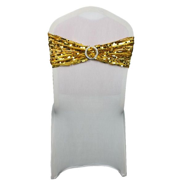 

1pcs wedding spandex gold sequin chair sashes bands with buckle elastic lycra glitter bow ties el event banquet decor