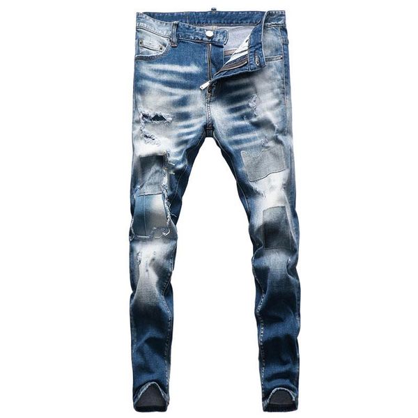 

men's jeans european street style fashion men retro blue slim fit destroyed ripped patches designer hip hop denim punk pants