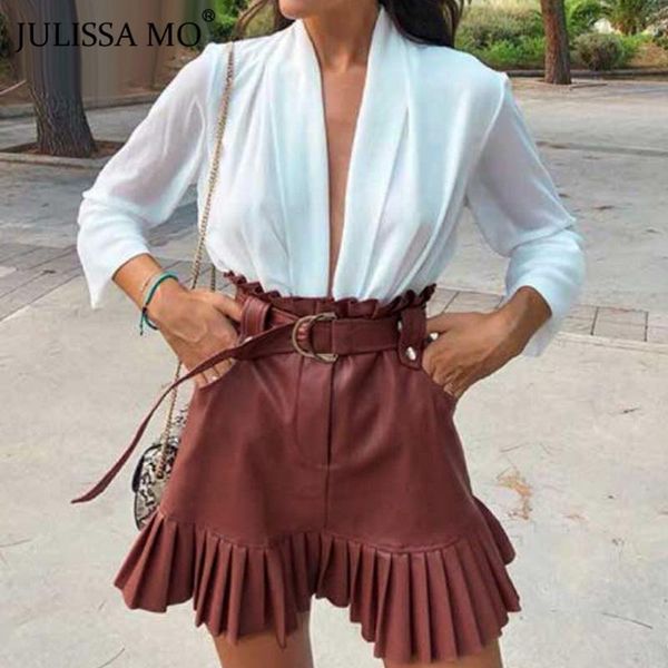 

black sash belt pu skirts winter elegant ruffled high waist a-line women fashion pleated faux leather skirt