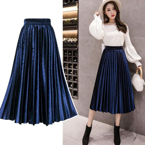 

skirts pleated long skirt women fall winter 2021korean velvet high waist casual loose office lady clothes bottoms plus size midi, Black
