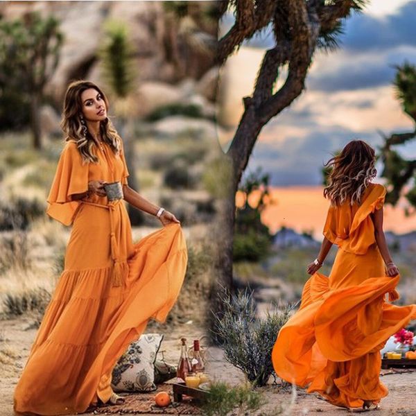 

a line fashion solid summer bohemian beach ruffles cloak short sleeve maxi women es evening party night vestidos orange, Black;gray