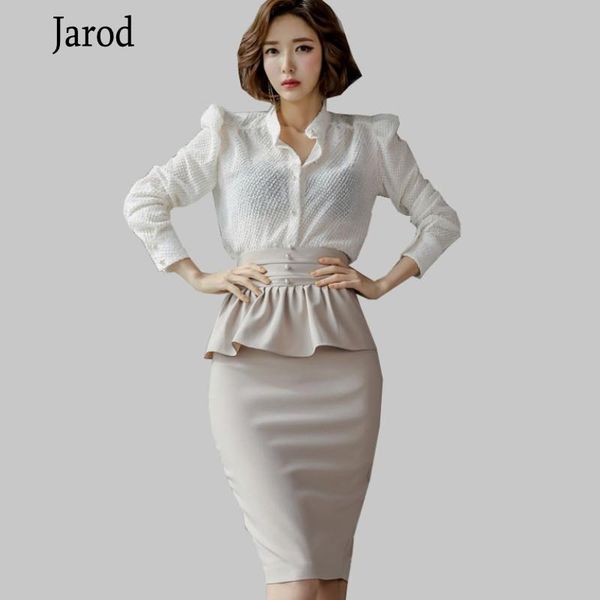

two piece dress 2021 spring elegant ol 2 pieces suits women solid white shirt + high waist ruffles bodycon pencil skirt work wear set
