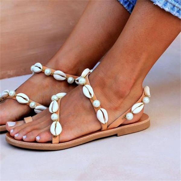 

sandals 2021 women flat shell pearl decorated shoes woman beach summer flip flops ladies sandalias mujer, Black