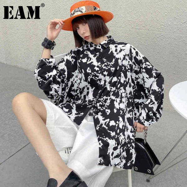 

[eam] women black pattern printed big size blouse lapel long sleeve loose fit shirt fashion spring summer 1dd8261 210512, White