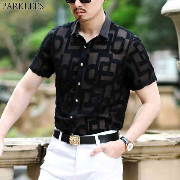 

luxury mens geometric embroidery lace shirts slim fit see-through shirt men party event prom social shirt for male 210522, White;black
