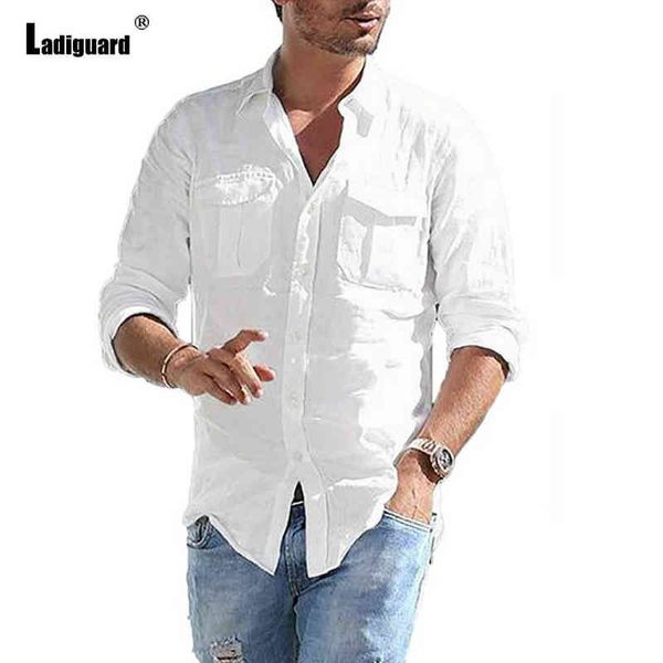 2021 Plus Size 3XL Mens Linho Camisa Branco Blusas Verão New Patchwork Botão Tops Roupas Manga Longa Casual Camisa Masculino Blusas G0105