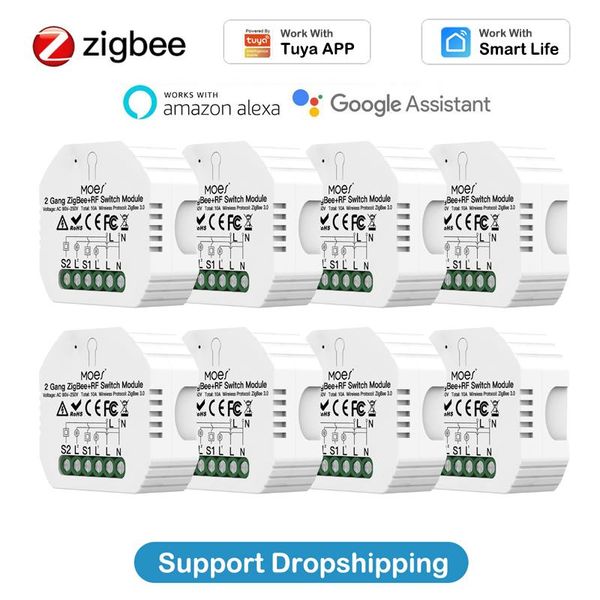 

smart home control 1-10pcs 10a zigbee 3.0 + rf433 diy switch relay module 90-250v 2 channels for tuya life app work with alexa google
