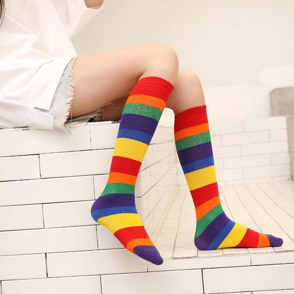 

footies children's casual fashion rainbow striped printing knee socks kids breathable cotton stockings2021, Blue
