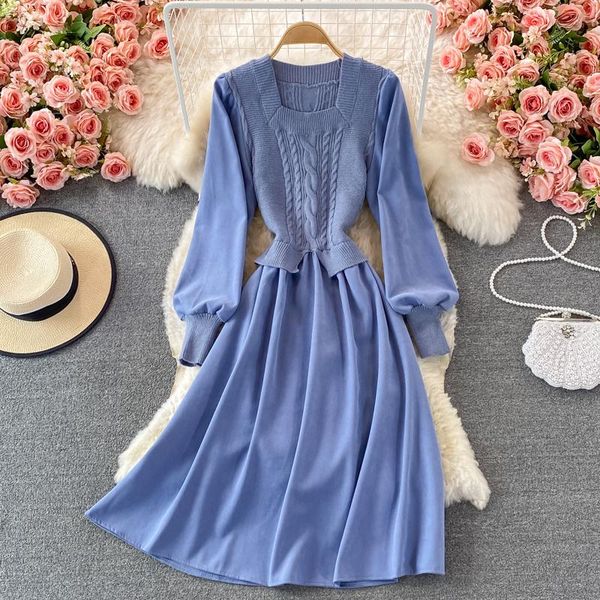

casual dresses elegant solid women dress fashion korean splice knitted v neck puff sleeve midi autumn streetwear mid-calf a-line, Black;gray