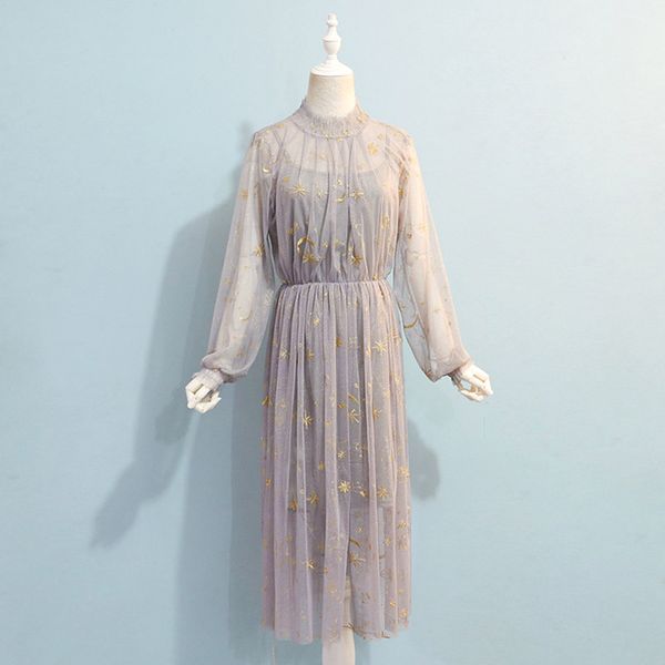 

2021perhaps u gray beige navy star moon embroidery mesh long sleeve stand collar midi elegant sweet party loose dress runway d0201, Black;gray