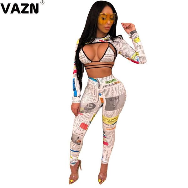 

women's jumpsuits & rompers vazn fm1197 unusual hollow out outspoken fashion cross bandage letter full sleeve women long pants, Black;white