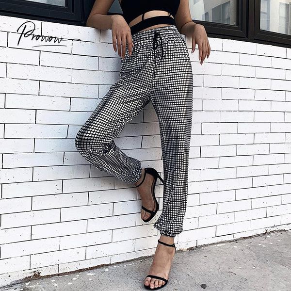 

women's pants & capris prowow fashion style women loose casual silver plaid lace up female ladies comfortable sweatpants clothes, Black;white