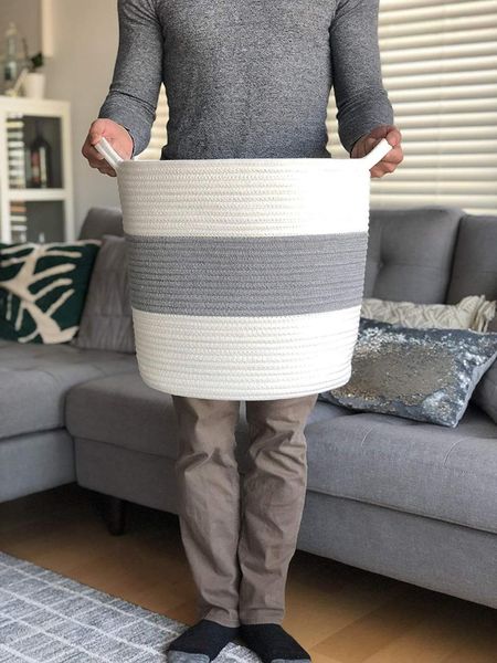 

1pc large storage basket woven cotton rope laundry hamper with double handles for diaper, clothing baskets