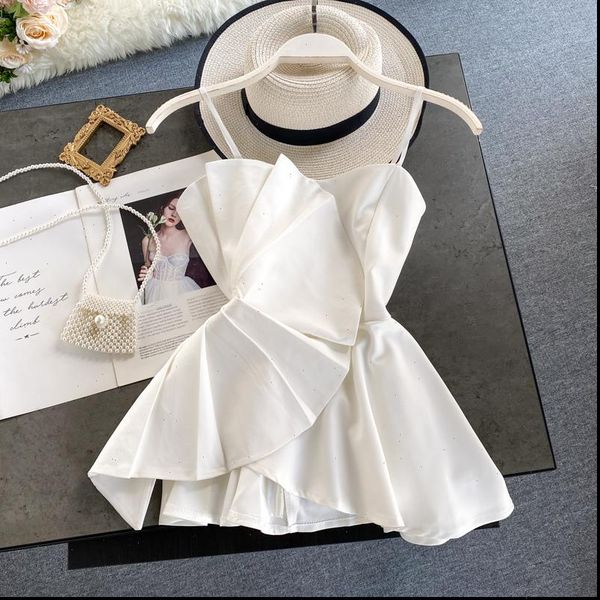 

summer korean style solid color women shirt ruffled irregular sling pleated waist ll957, White
